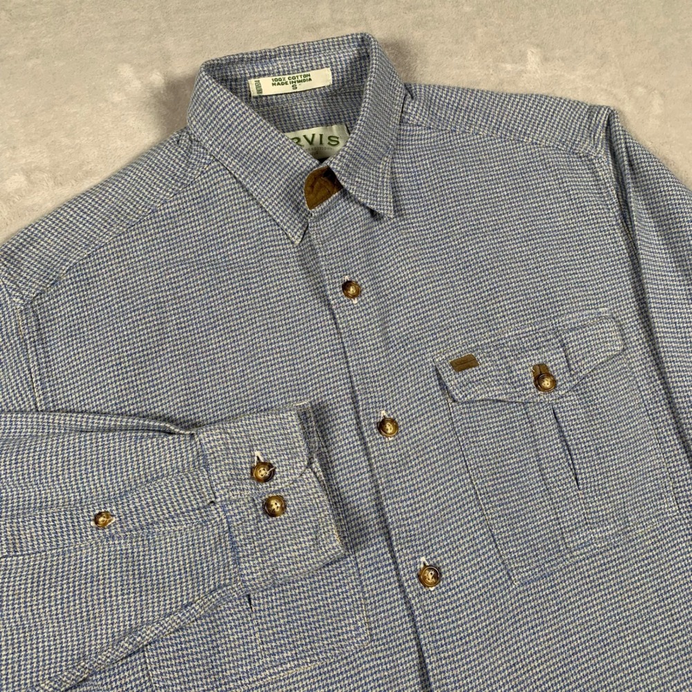 Orvis Button Down Shirt Mens S Blue Houndstooth Heavy Cotton Long Sleeve